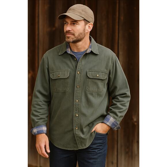 Vintage L.L. Bean Men’s XL Chamois Shirt Green Plaid Flannel Lined Shacket Coat - Picture 1 of 11